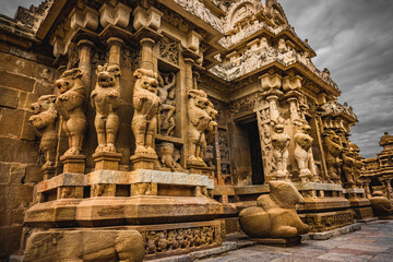 Beautiful Pallava architecture and exclusive sculptures at The Kanchipuram Kailasanathar temple, Oldest Hindu temple in Kanchipuram, Tamil Nadu - One of the best archeological sites in South India