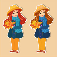 Cute little girl in warm clothes, holding autumn leaves, cute baby enjoying the fall. Can be used to print books, magazines, stickers, magnets, postcards. Cute vector illustration in cartoon style.