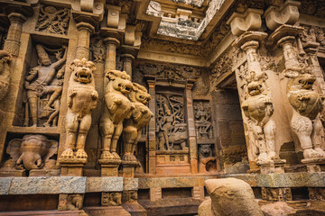 Beautiful Pallava architecture and exclusive sculptures at The Kanchipuram Kailasanathar temple, Oldest Hindu temple in Kanchipuram, Tamil Nadu - One of the best archeological sites in South India