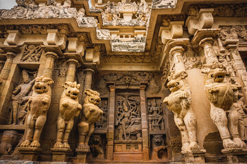 Beautiful Pallava architecture and exclusive sculptures at The Kanchipuram Kailasanathar temple, Oldest Hindu temple in Kanchipuram, Tamil Nadu - One of the best archeological sites in South India