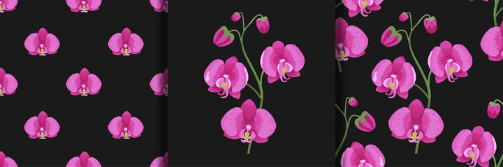 Pink orchid branch embroidery print ans seamless patterns set