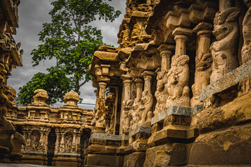 Beautiful Pallava architecture and exclusive sculptures at The Kanchipuram Kailasanathar temple,...