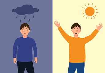 Young man in sad and happy mood in flat design. Positive and negative thinking comparison. Mental health care concept.