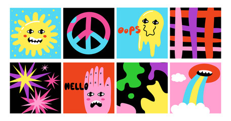 Comic characters posters. Psychedelic 80s objects square print collection, bright emoji, hand drawn postcards. Sun, heart and hippy sign, abstract background, vector cartoon illustration
