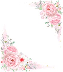 優しい色使いのピンク系のバラの花とリーフのフレームベクターイラスト素材
