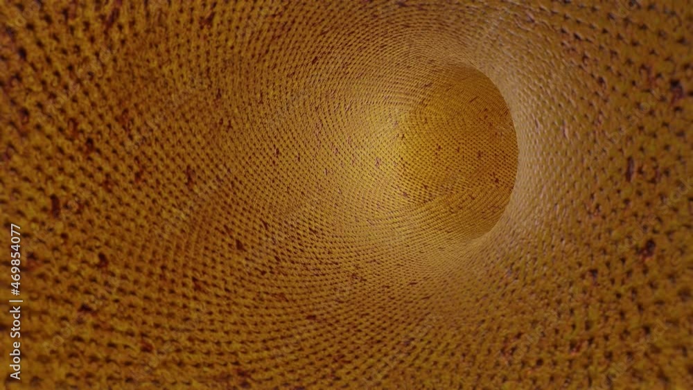 Poster flying camera through a round old rusty metal tunnel. looped animation. 3d render