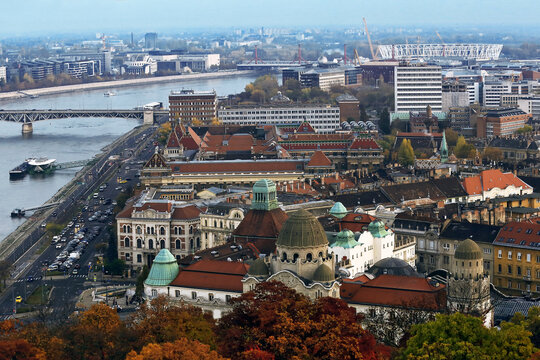 Geller thermal bath palace aerial view on Danube, Hungary, Budapest