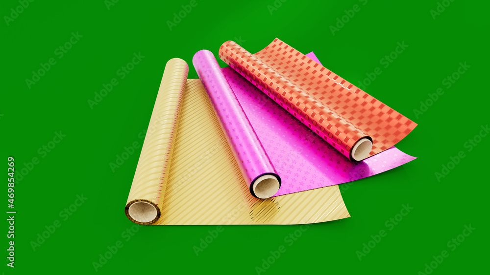 Poster beautiful colorful present wrapping paper on green screen, isolated - object 3d rendering