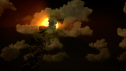 pillar of defilement smoke from wildfire on dirty sky with sun - industrial 3D illustration