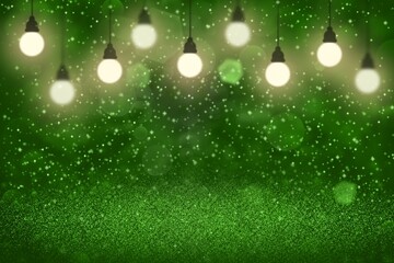 Fototapeta na wymiar green wonderful sparkling glitter lights defocused light bulbs bokeh abstract background with sparks fly, celebratory mockup texture with blank space for your content