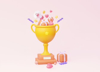 Trophy cup with gifts. The concept of a champion, winning and competition. 3d rendering
