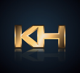 Modern Initial logo 2 letters Gold simple in Dark Background with Shadow Reflection KH
