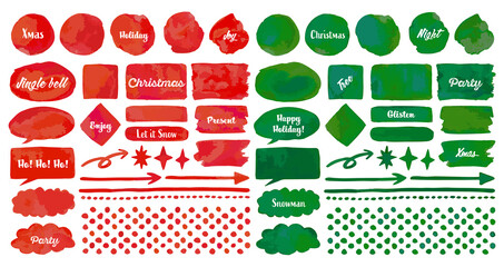 手描き風水彩 レッド グリーン クリスマスカラー グラデーション飾りセット（サンプルテキストあり）