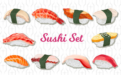 Sushi Set. Hand drawn sushi with salmon, perch, tuna, shrimp, octopus, squid, scallop, omelette, eel, crab. Food vector illustration.