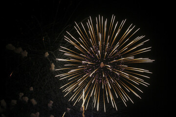 Pink, Yellow and Orange Fireworks Shot with a Long Exposure with dark black sky background. Fancy and Fantastic Firework at Night.
