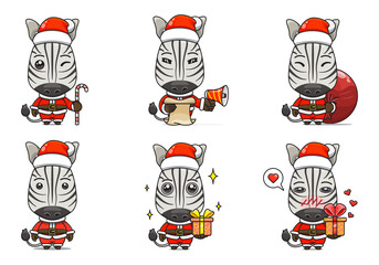 cute zebra set, animal character bundles in santa costumes, animals wearing christmas costumes. cartoon in kawaii style