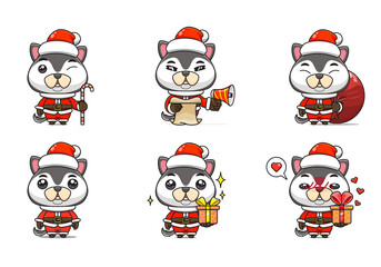 Fototapeta premium cute husky set, animal character bundles in santa costumes, animals wearing christmas costumes. cartoon in kawaii style