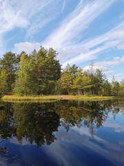 The mirror surface of a forest lake, in which trees and the sky with beautiful clouds are reflected.