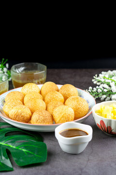 Indian traditional snack. Pani puri with boiled potato and sauce.