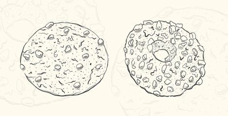 Illustration oatmeal cookies sketch food.Hand drawn element design menu. Isolated object in white background