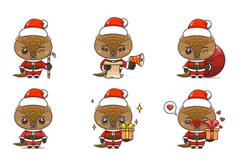 cute pangolin set, animal character bundles in santa costumes, animals wearing christmas costumes. cartoon in kawaii style