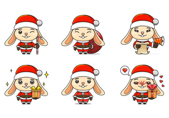 cute rabbit or bunny set, animal character bundles in santa costumes, animals wearing christmas costumes. cartoon in kawaii style