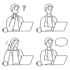 在宅でパソコン仕事をしている男性の表情とポーズ違いのイラストセット　モノクロ