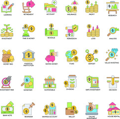 Saving and Investment flat vector icon collection set