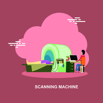 Scanning machine with patient inside machine and doctor checking reports flat concept design