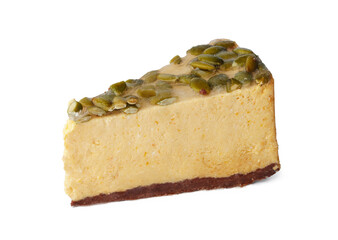 Piece of cheesecake with nuts isolated on white background