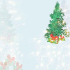 Fototapeta na wymiar Christmas New Year Holiday background Invitation card with Fluffy Christmas tree and Gifts
