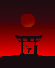 Japanese temple in the sunset, silhouette karate in the mountain. Suitable for wall decoration, wallpaper, and background.