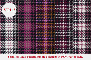 Seamless Plaid Pattern Bundle 5 designs Vol.3 Buffalo Plaid Pattern Vector,Tartan Fabric background wallpaper,Monochrome tartan patterns collection Vector,Seamless tartan plaid pattern