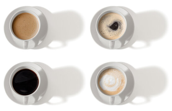 Top view of various coffee cups with shadows isolated on white