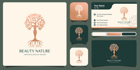 Beauty nature logo with combination of beautiful woman tree with business card . premium vector art style Premium Vector