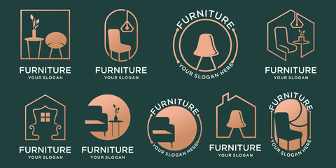 chairs, tables, collection of furniture icon set logos and home decorative lights. Premium Vector logo design template