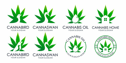 Cannabis leaf, bird, swan, home, oil, creative icon set logo design template Premium Vector