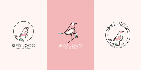 abstract Minimalist combine bird and leaf nature with line art style icon set logo template. Premium Vector