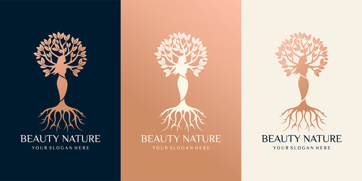 set of Beauty nature logo with combination of beautiful woman tree . premium vector art style Premium Vector