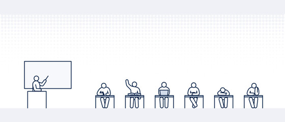 school classroom scene with person line icons: teacher in front of class. students sitting on desk. editable stroke illustration