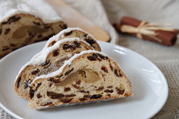 Closeup of traditional Christmas bread on white plate