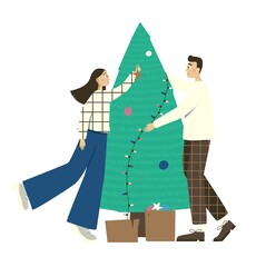 A boy and a girl are dressing up a Christmas tree with toys and garlands. Vector illustration in flat style on a white background. New Year's and Christmas. Design elements for print and web.