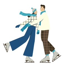 A boy and a girl are skating. Flat vector illustration in retro style on a white background. Merry Christmas and Happy New Year. Design elements for printing on cards and banners.