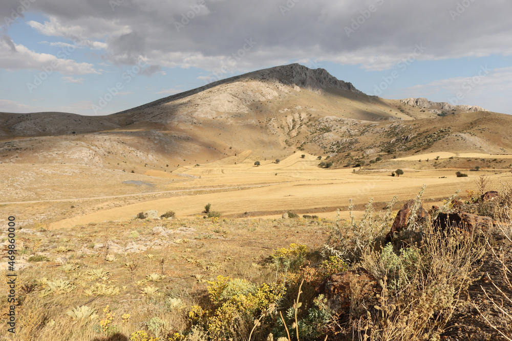 Poster Mountain and farmland. (After harvest)