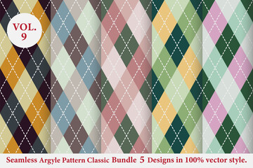 Argyle classic Pattern Bundle 5 designs Vol.9,Argyle vector,Seamless argyle pattern,Traditional check print,Fabric texture background,Christmas plaid,Retro background