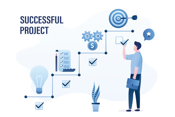 Project management, concept banner. Confident businessman finished successful project. Male employee on last stage of business plan. Business elements and signs.
