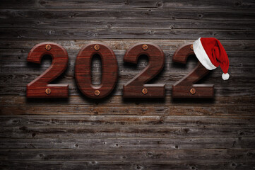 2022 Happy New Year seasonal background with real wood background. Aged parquet of pine wood for flyer, posters or invitations.