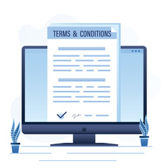 Terms and conditions, agreement on monitor screen. Paper sheets, digital contract. Terms of software or app. Internet technology.