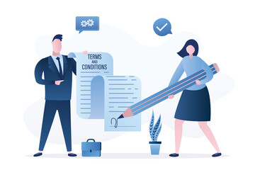 Terms and conditions, concept banner. Businessman or lawyer holds long paper contract. Woman user signs an agreement. Partnership, corporate relations. Flat design.