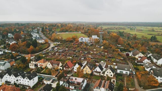 Suburb houses in Germany countryside next to Dietzenbach Observation Tower